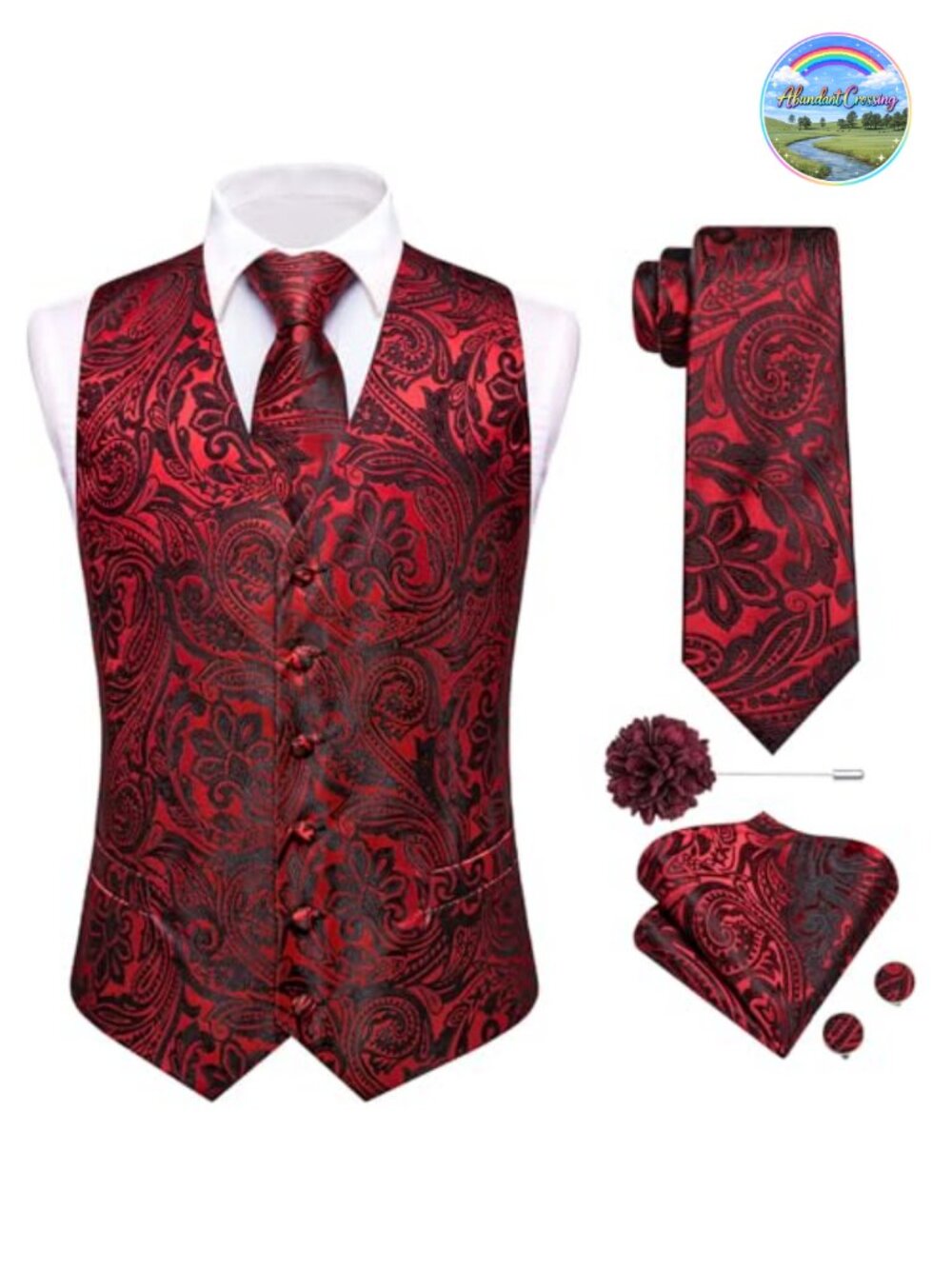Mens Silk Suit Vest Jacquard 5PC Necktie Pocket Square Cufflinks Lapel Pin
